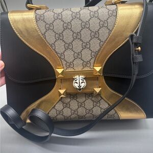 Gucci Rajah Medium GG Supreme Tiger Head Tote Bag Black Gold 537219